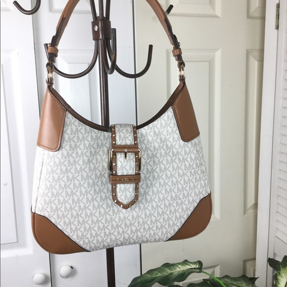 MICHAEL KORS LILLIAN WHITE TAN LOGO SHOULDER BAG - Picture 6 of 6